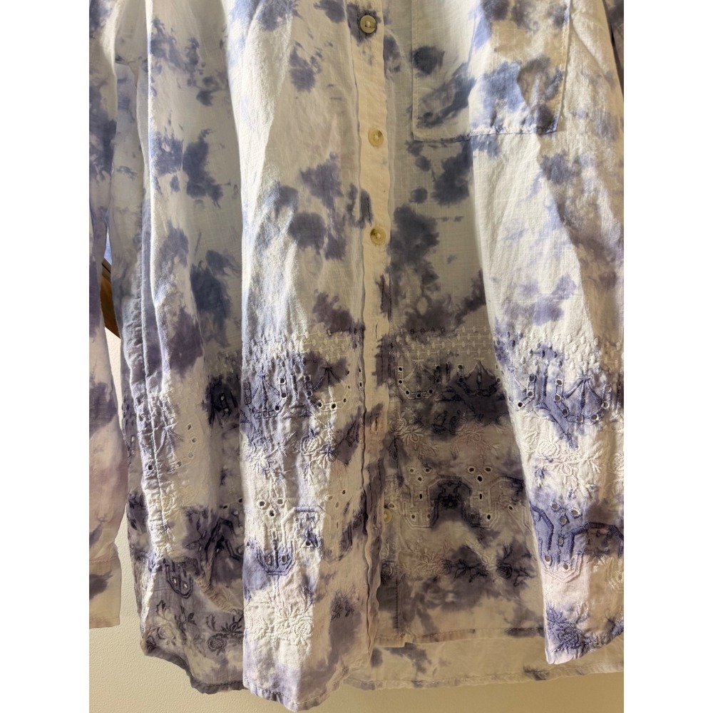 Pilcro Button Down Shirt Women S Blue White Excellent Tie Dye Eyelet Boho - Picture 2 of 7